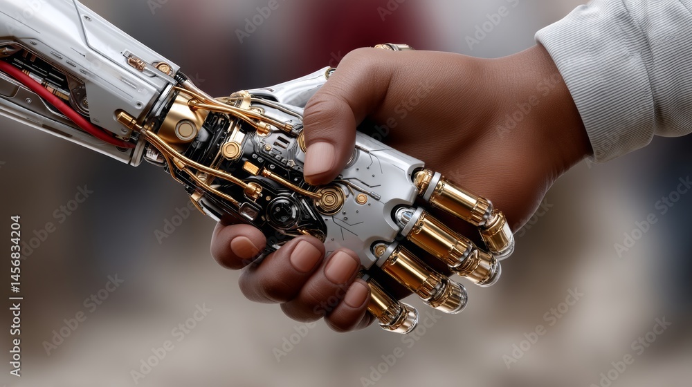 Poster Human Handshaking with Advanced Robotics Technology Futuristic Setting Conceptual Image Close-up View Innovation in Interactions