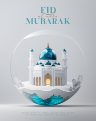 Eid al fitr Eid al Adha Mubarak mosque Islamic decoration greetings on white background 3d render © Rizwan