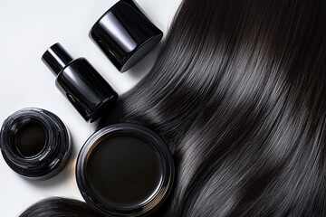 bottle of hair product is placed on a table next to another bottle of hair product. Both bottles are black in color