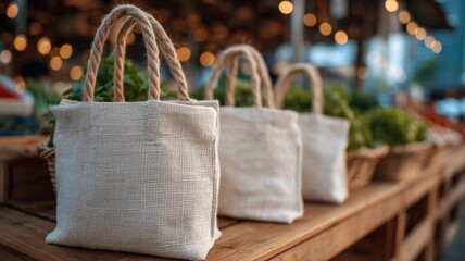 Obraz premium shopping bags in the market lifestyle with eco-friendly grocery bags at farmer’s market, 