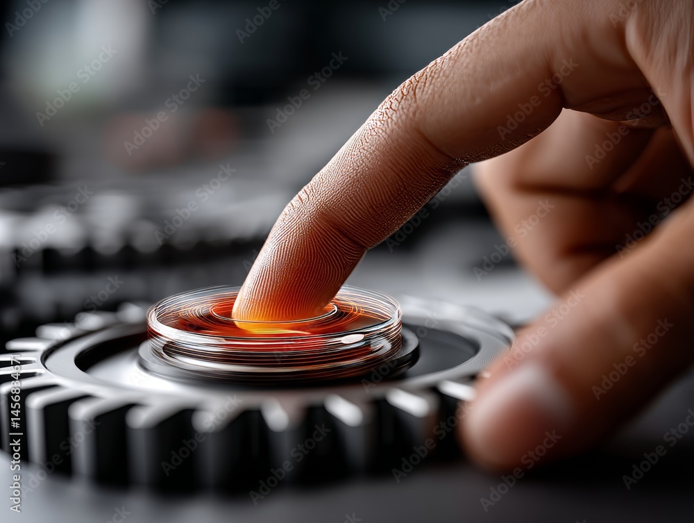 Poster finger pressing illuminated button in industrial setting technology focus close-up view modern desig