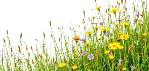 Fototapeta premium Delicate meadow grasses, yellow & purple wildflowers, white background, colorful, blossom