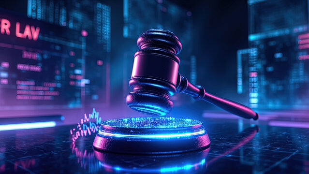 Glowing Judge&rsquo;s Gavel in Futuristic Digital Environment &ndash; AI Law, Cybersecurity, Blockchain Justice, and Legal Technology Innovation