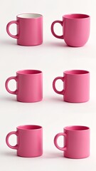 A set of six pink coffee mugs on a white background.