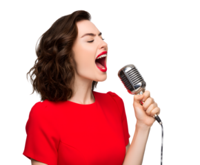 Beautiful woman singing with passion into a vintage microphone against a dark background.