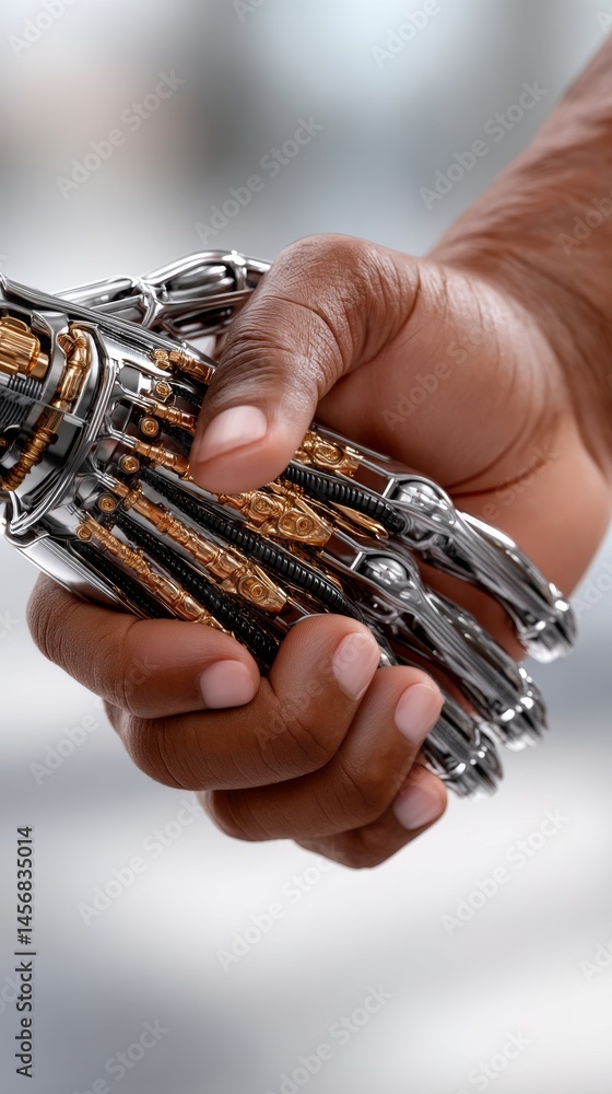 Poster human handshaking with advanced robotics technology business environment interaction scene futuristi