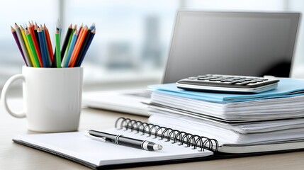 Fototapeta premium Colorful pencils in a decorative mug on a desk with a notebook and stationery for a creative workspace