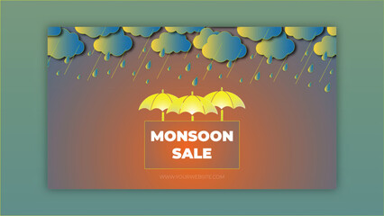 Monsoon Sale Promotion with Umbrellas and Rain, template Design with clouds and umbrella on blue background 