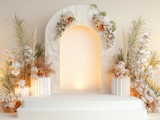 Elegant, light-filled archway display with decorative plants.