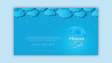 Monsoon Sale Promotion, Monsoon Sale Banner template Design with clouds and umbrella on blue background Template Vector Illustration with free spaces