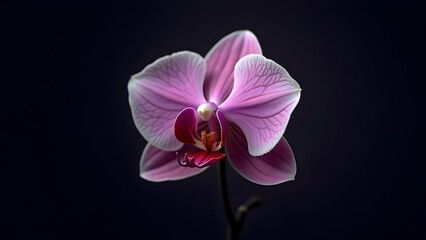 Close-up of a Delicate Purple Orchid Blossom with Stamens and Pistil Against a Dark Backdrop