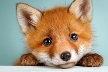 Obraz premium Curious red fox cub resting on a surface, gazing with big eyes under soft lighting