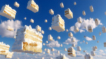 of sponge cake being digitally assembled in mid-air
