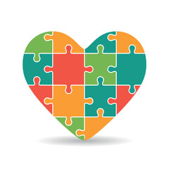 Colorful heart-shaped puzzle illustration with interlocking pieces in red, green, yellow, and teal on a white background with a subtle shadow.