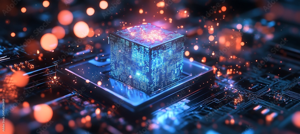 Poster blockchain mining rig emitting cryptographic data particles in a futuristic digital environment with
