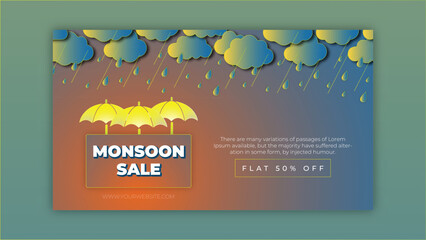Monsoon Sale Get Flat 50 Off Promotion Monsoon Sale Banner template Design with clouds and umbrella