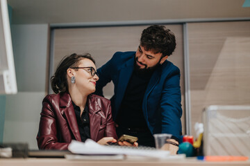Fototapeta premium Two professional colleagues are engaged in discussion at a modern office setting, showcasing collaboration and teamwork. The interaction highlights a productive and friendly corporate atmosphere.