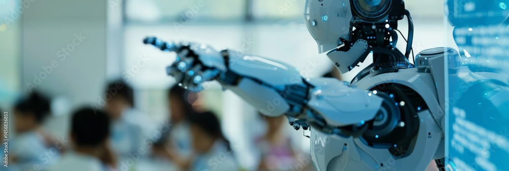 Poster Humanoid robot conducting a lesson using a digital board in a futuristic classroom. Advanced AI technology in modern educational environments.