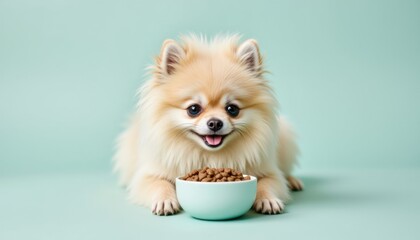 A fluffy cream colored Pomeranian dog happily poses with its bowl of brown kibble food against a smooth light blue background looking directly at the camera.