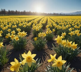 Fototapeta premium Expansive field of daffodils, sunny day, clear blue sky, wallpaper, beautiful, sun