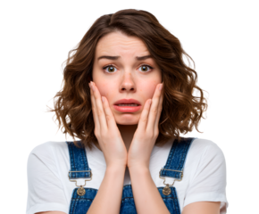Portrait of a concerned woman holding her face, showcasing a worried facial expression.