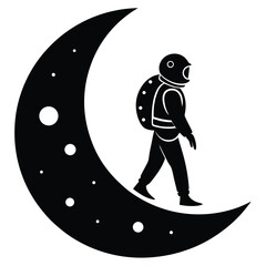 Astronaut Walking on Crescent Moon Space Exploration Illustration