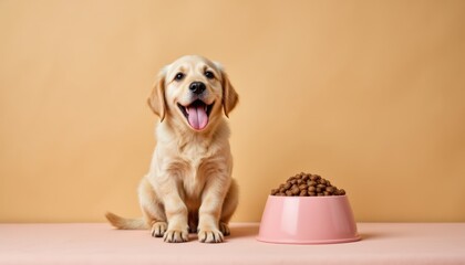 A happy golden retriever puppy sits patiently next to a pink bowl overflowing with nutritious dry kibble, eager for a tasty meal on a neutral background.