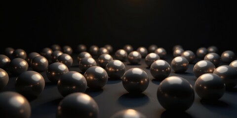 Dark metallic spheres arranged in a scattered pattern on a dark surface, illuminated by a subtle light source.
