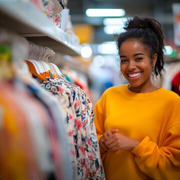 Woman in a shop smiles at camera, looks at clothes, and smiles at camera again - young woman shopping clothes or visiting a second-hand thrift store.	