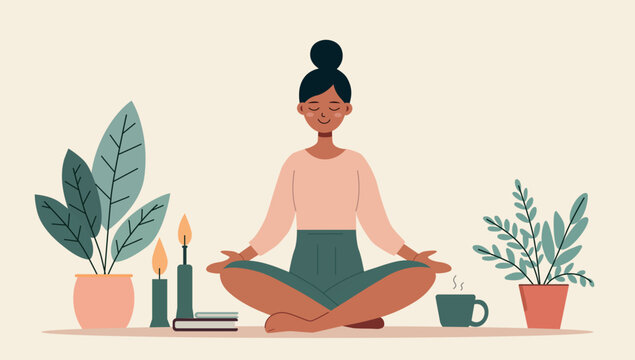 Peaceful woman practicing mindfulness meditation in lotus pose at home. Cozy wellness, self-care, mental health concept. Flat vector illustration. Perfect for digital, print design, self-care content.