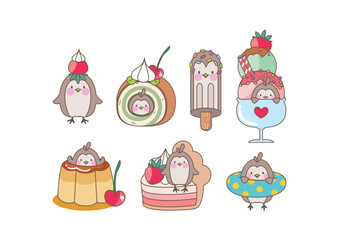 Conjunto de elementos pinguim, doces, sobremesas, sorvete, taça de sorvete, pudim, morangos, bolos