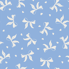 Coquette Bow Toss Seamless Vector Pattern, Cute Cream White Hand Drawn Tied Ribbons on Pastel Blue