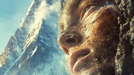 Grimy climber's face, mountain backdrop