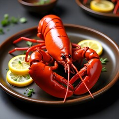 A vibrant red lobster is presented on a dark plate, accompanied by slices of lemon and green herbs, showcasing a delicious seafood dish ready to enjoy.