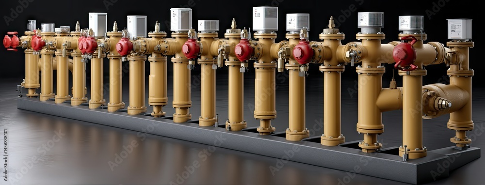 Aufkleber yellow gas pipes with red valves arranged in a row on a black background showcasing intricate detail