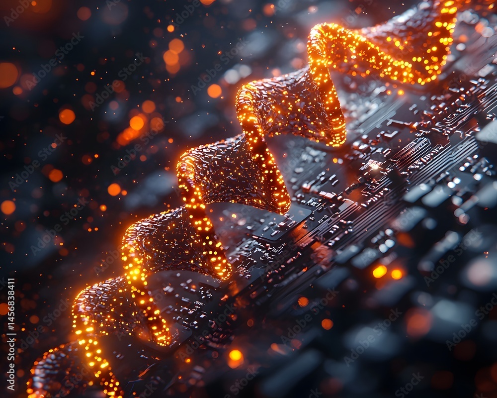 Poster dna shaped digital data stream emerging from a computer circuit