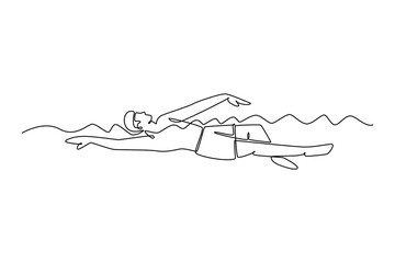 Continuous one line drawing professional male athlete swimming backstroke in the pool. Healthy water sport. Focused and ready for competitive race. Single line draw design vector graphic illustration