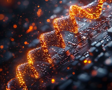 DNA shaped digital data stream emerging from a computer circuit