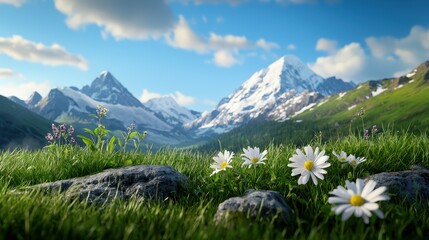 Fototapeta premium Scenic view of blooming daisies in a lush green meadow with majestic mountains in the background.