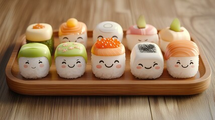 kawaii sushi roll characters with smiling faces on wooden tray