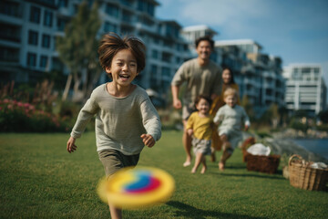 Fototapeta premium Enfants et familles jouant au frisbee en plein air près de l’eau, ambiance estivale joyeuse, moments dynamiques et sourires en gros plan dans un cadre naturel