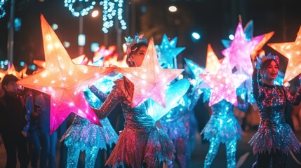 Festive parade featuring performers carrying large, illuminated stars