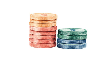 Colorful stacks of coins in various shades, representing wealth and finance, create vibrant visual for economic themes