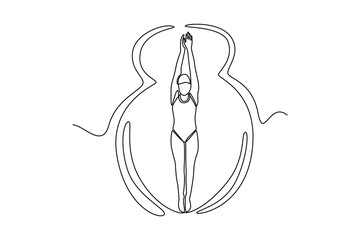 Single continuous line drawing underwater female swimmer in swimsuit getting ready to swim in swimming pool. Good preparation helping achieve better result. One line graphic design vector illustration