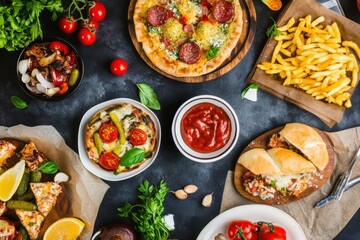 Colorful top down view of delicious food spread with pizzas, fries, and fresh toppings