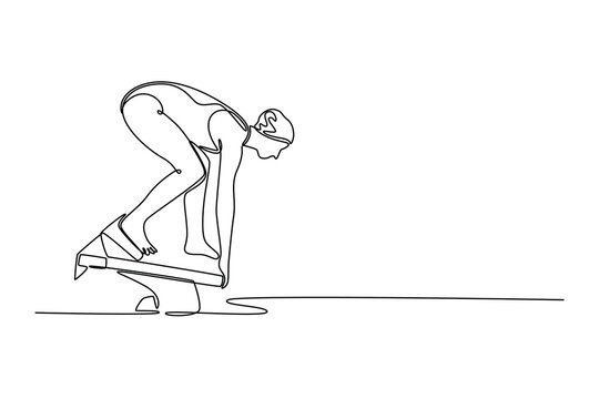 Single one line drawing female swimmer getting ready to jump in swimming pool at starting block. Focused and ready for competitive competition. continuous line draw design graphic vector illustration