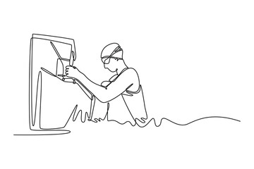 Single one line drawing beauty woman swimmer getting ready to swim in swimming pool near starting block. Focused and ready for competitive race. Continuous line draw design graphic vector illustration
