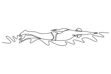 Single one line drawing male swimmer practice front crawl, freestyle technique in swimming pool. Professional athlete training for championship. Continuous line draw design graphic vector illustration