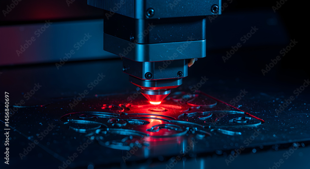 Poster laser cutting machine precision tool in operation with bright red light reflecting on a silver metal