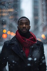 A man stands confidently in a snowy urban environment, wearing a black coat and a red scarf. The scene captures the serene yet vibrant atmosphere of a winter day with blurred city lights